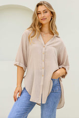 Beachly Shirt - Folded Collar Button Down Relaxed Shirt In Stone