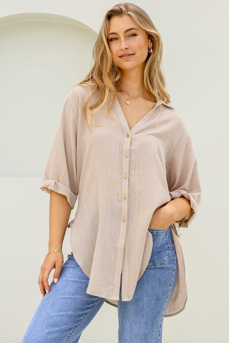 Beachly Shirt - Folded Collar Button Down Relaxed Shirt In Stone