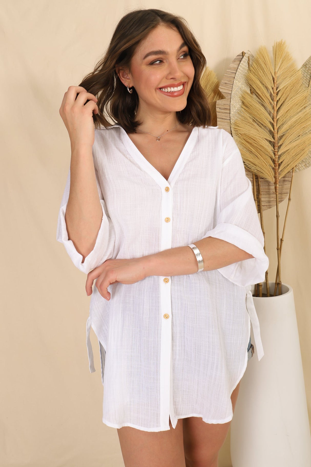 Beachly Shirt - Folded Collar Button Down Relaxed Shirt In White