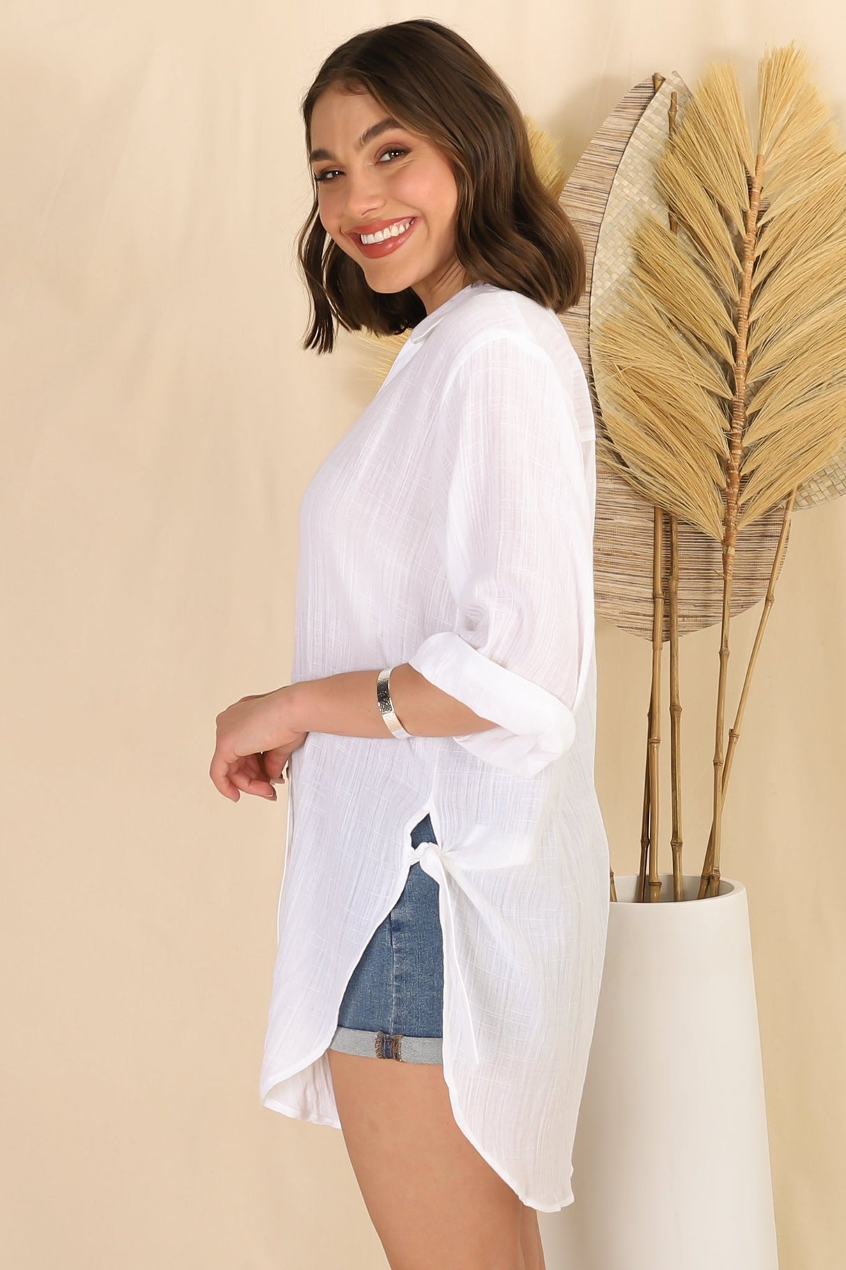 Beachly Shirt - Folded Collar Button Down Relaxed Shirt In White