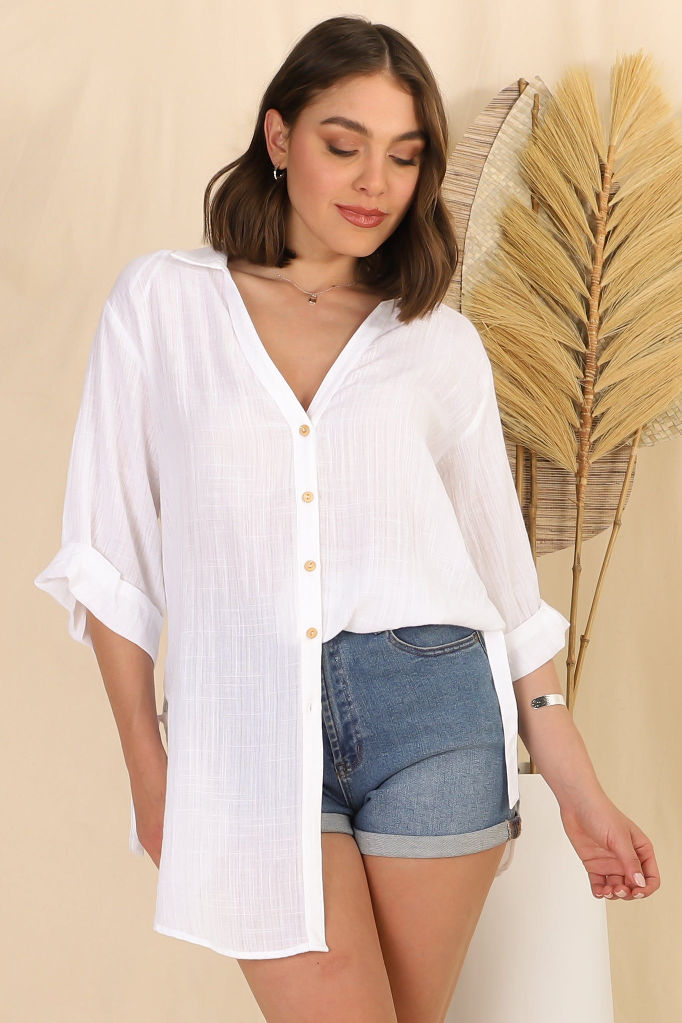 Beachly Shirt - Folded Collar Button Down Relaxed Shirt In White