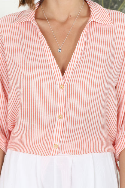 Beachly Stripe Shirt - Pin Stripe Relaxed Button Down Shirt in Coral