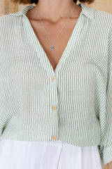 Beachly Stripe Shirt - Pin Stripe Relaxed Button Down Shirt in Green