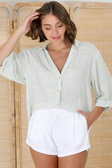 Beachly Stripe Shirt - Pin Stripe Relaxed Button Down Shirt in Green