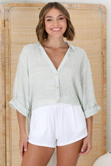 Beachly Stripe Shirt - Pin Stripe Relaxed Button Down Shirt in Green