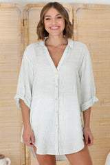 Beachly Stripe Shirt - Pin Stripe Relaxed Button Down Shirt in Green