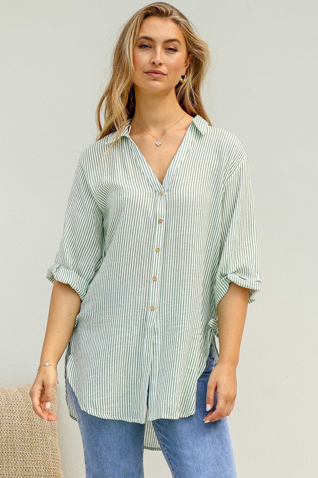 Beachly Stripe Shirt - Pin Stripe Relaxed Button Down Shirt in Green