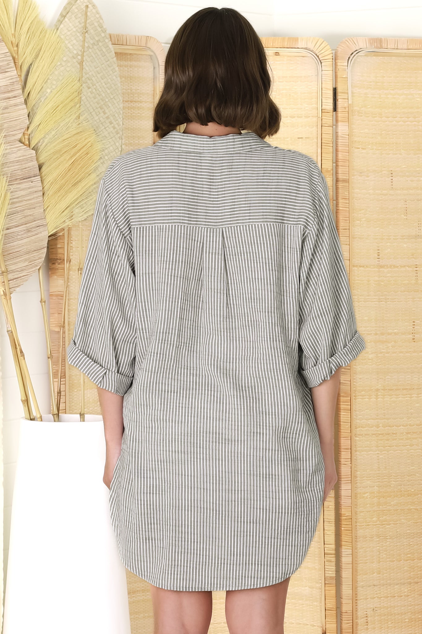 Beachly Stripe Shirt - Pin Stripe Relaxed Button Down Shirt in Olive