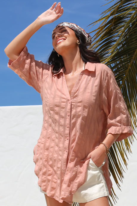 Beachly Mesh Shirt - Cotton Mesh Stripe Relaxed Button Down Shirt in Blush