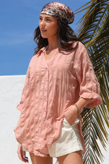 Beachly Mesh Shirt - Cotton Mesh Stripe Relaxed Button Down Shirt in Blush