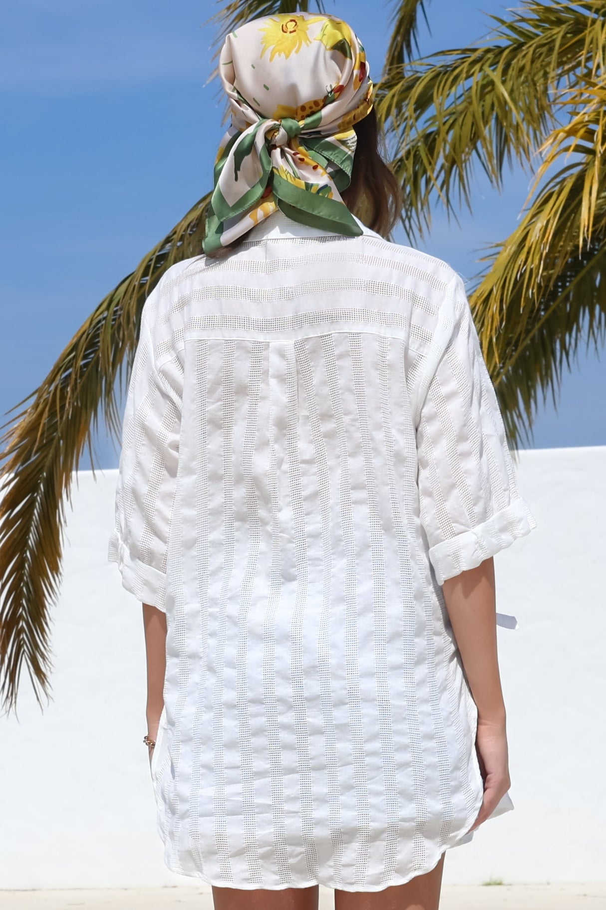 Beachly Mesh Shirt - Cotton Mesh Stripe Relaxed Button Down Shirt in White