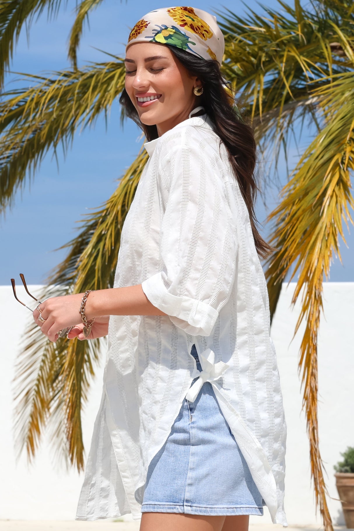 Beachly Mesh Shirt - Cotton Mesh Stripe Relaxed Button Down Shirt in White