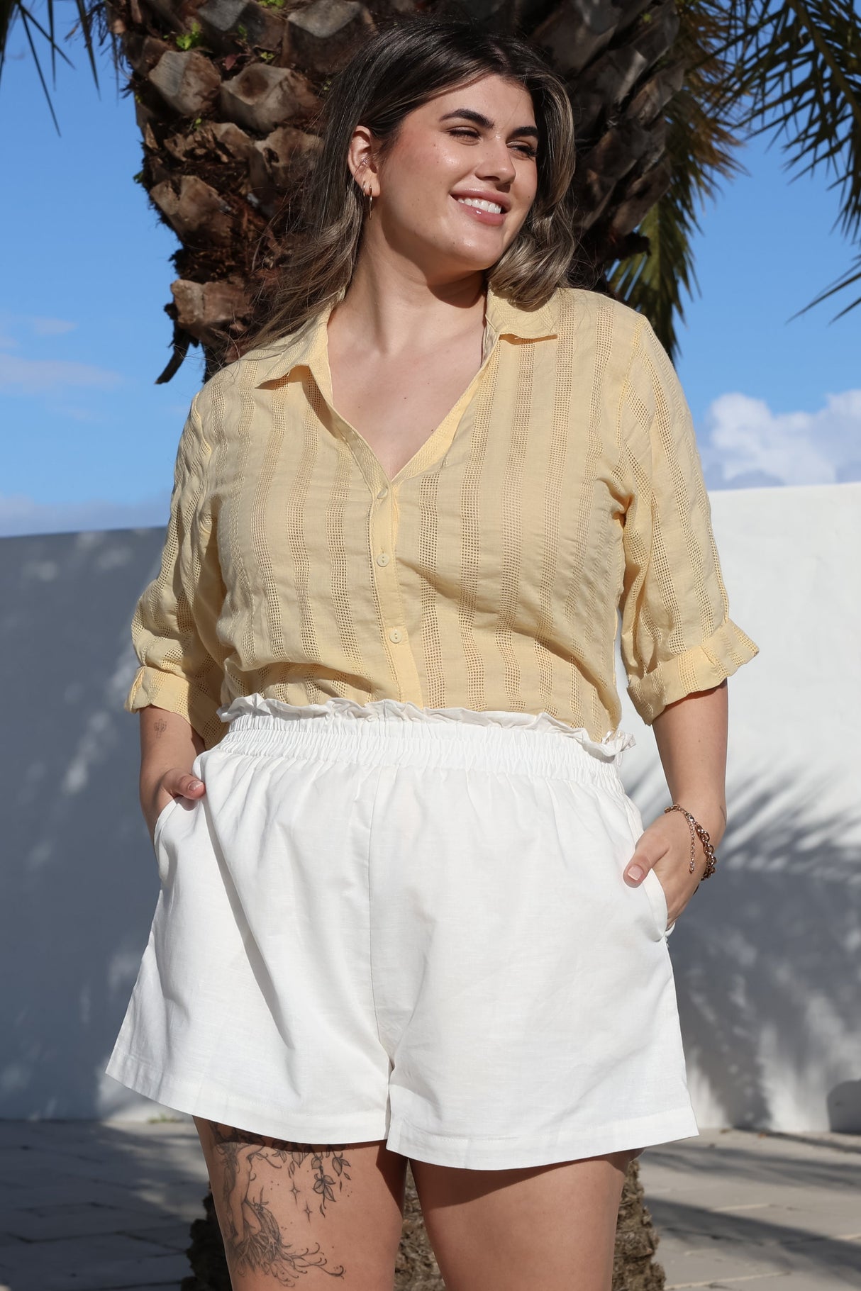 Beachly Mesh Shirt - Cotton Mesh Stripe Relaxed Button Down Shirt in Yellow