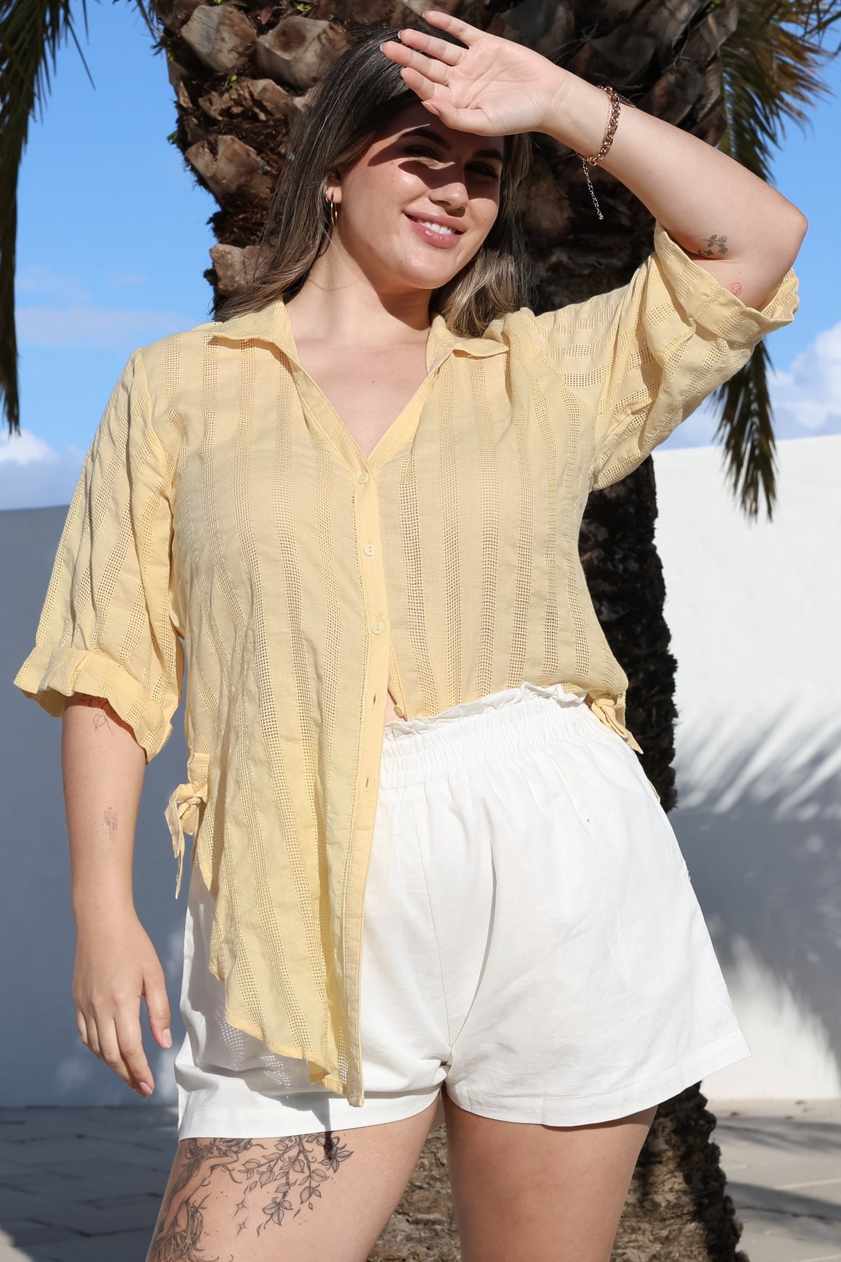 Beachly Mesh Shirt - Cotton Mesh Stripe Relaxed Button Down Shirt in Yellow