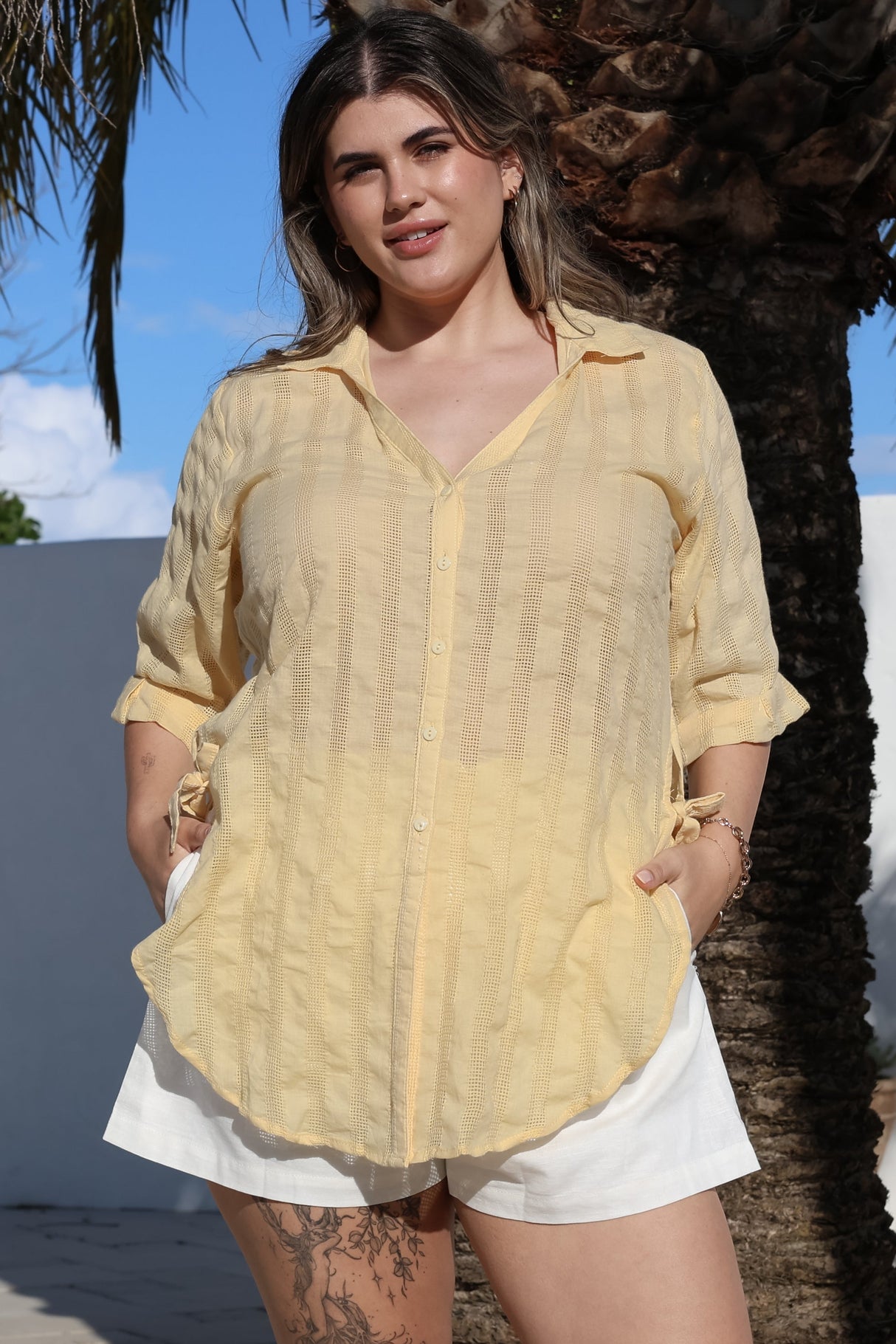 Beachly Mesh Shirt - Cotton Mesh Stripe Relaxed Button Down Shirt in Yellow