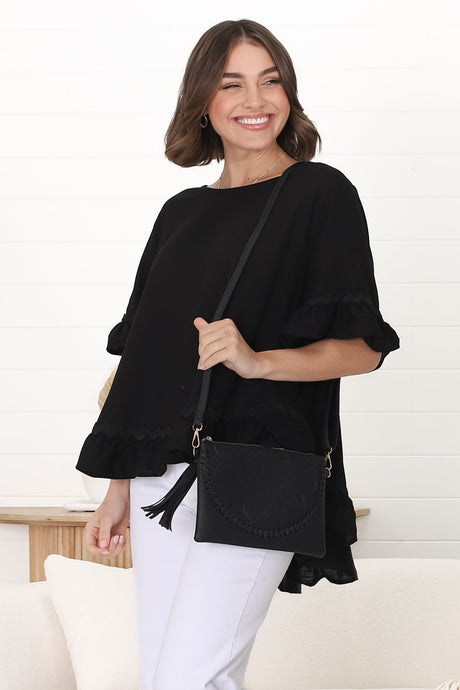 Beca Top - Rick Rack Splicing Pull Over Smock Top in Black