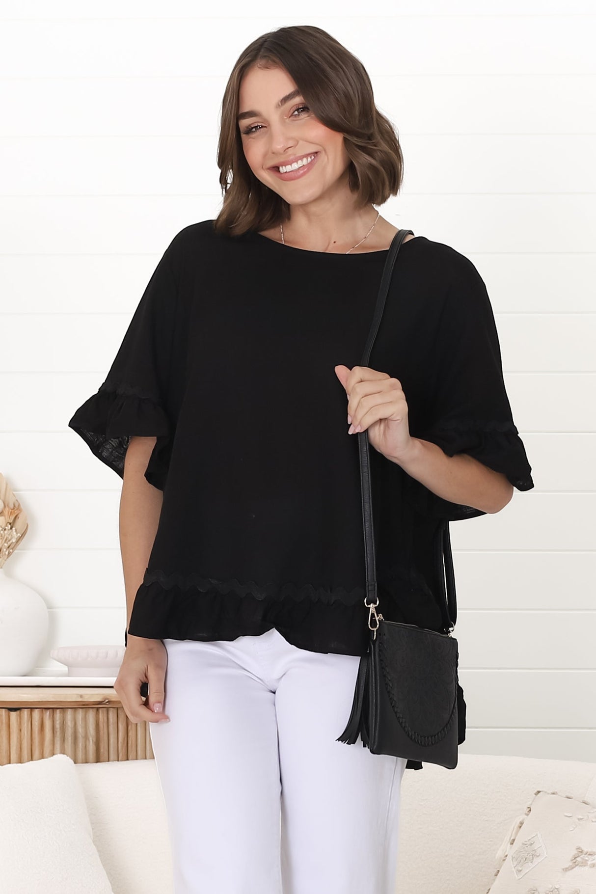 Beca Top - Rick Rack Splicing Pull Over Smock Top in Black