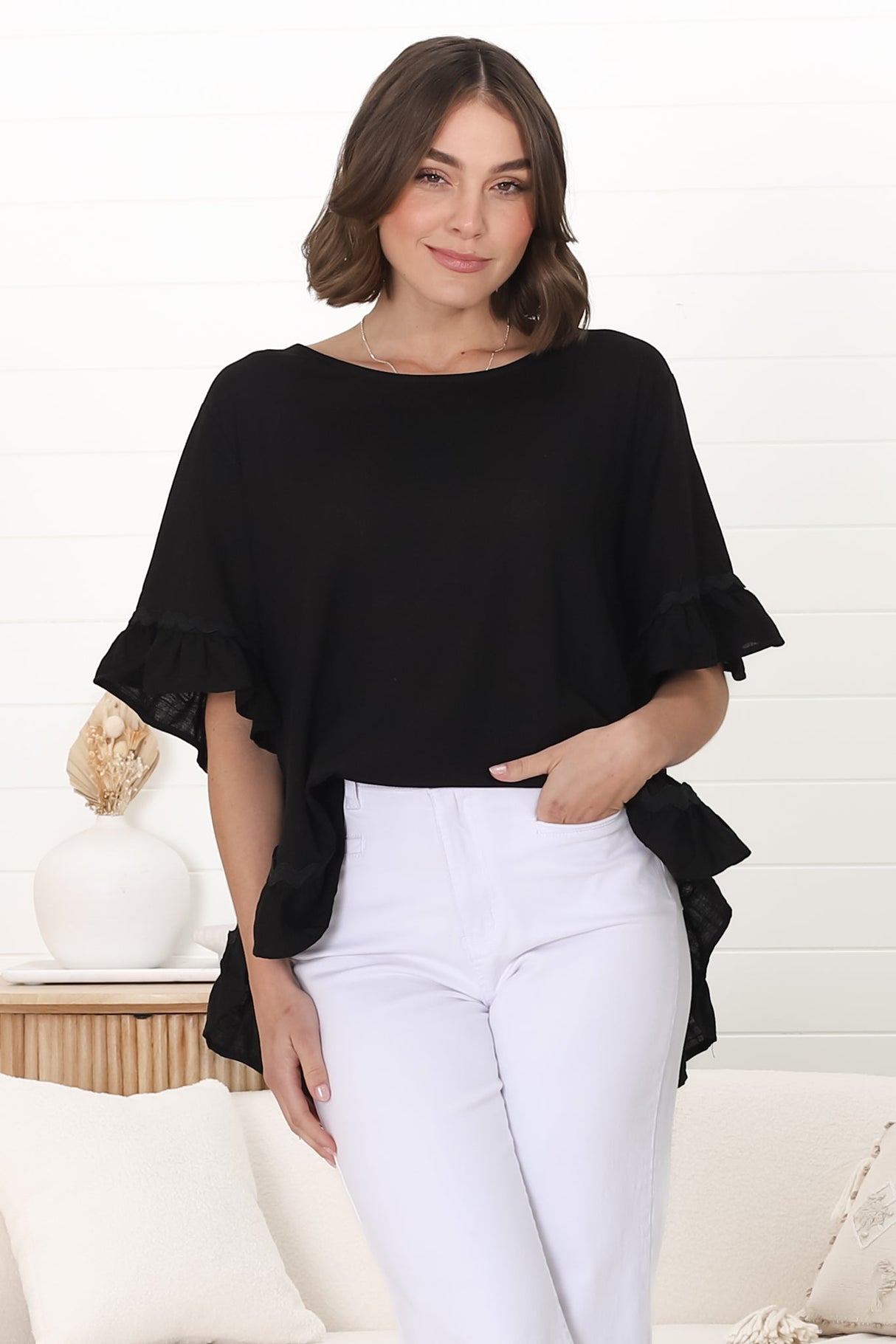 Beca Top - Rick Rack Splicing Pull Over Smock Top in Black