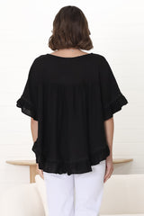 Beca Top - Rick Rack Splicing Pull Over Smock Top in Black