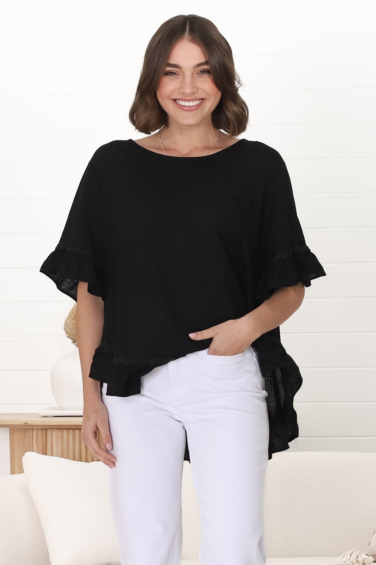 Beca Top - Rick Rack Splicing Pull Over Smock Top in Black