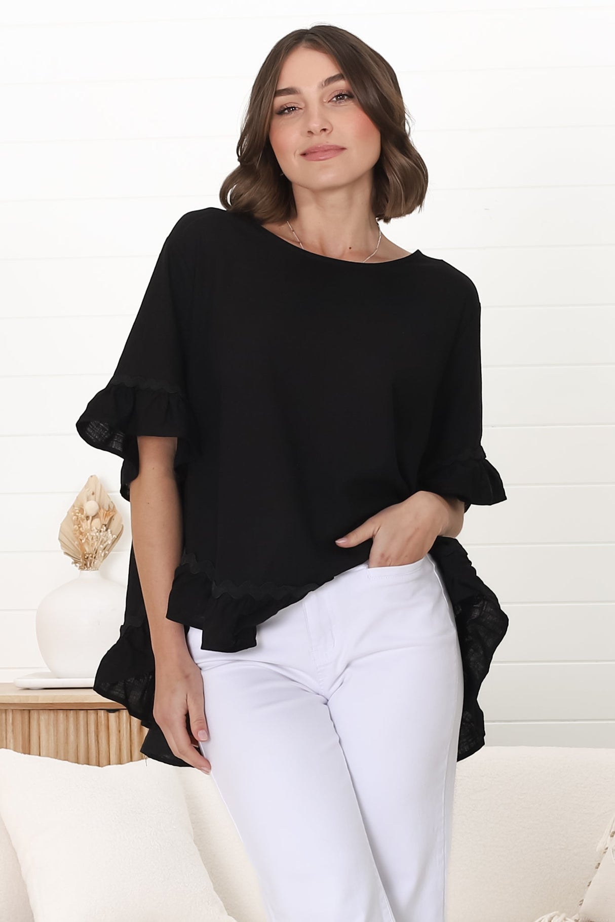 Beca Top - Rick Rack Splicing Pull Over Smock Top in Black