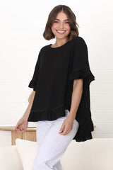 Beca Top - Rick Rack Splicing Pull Over Smock Top in Black