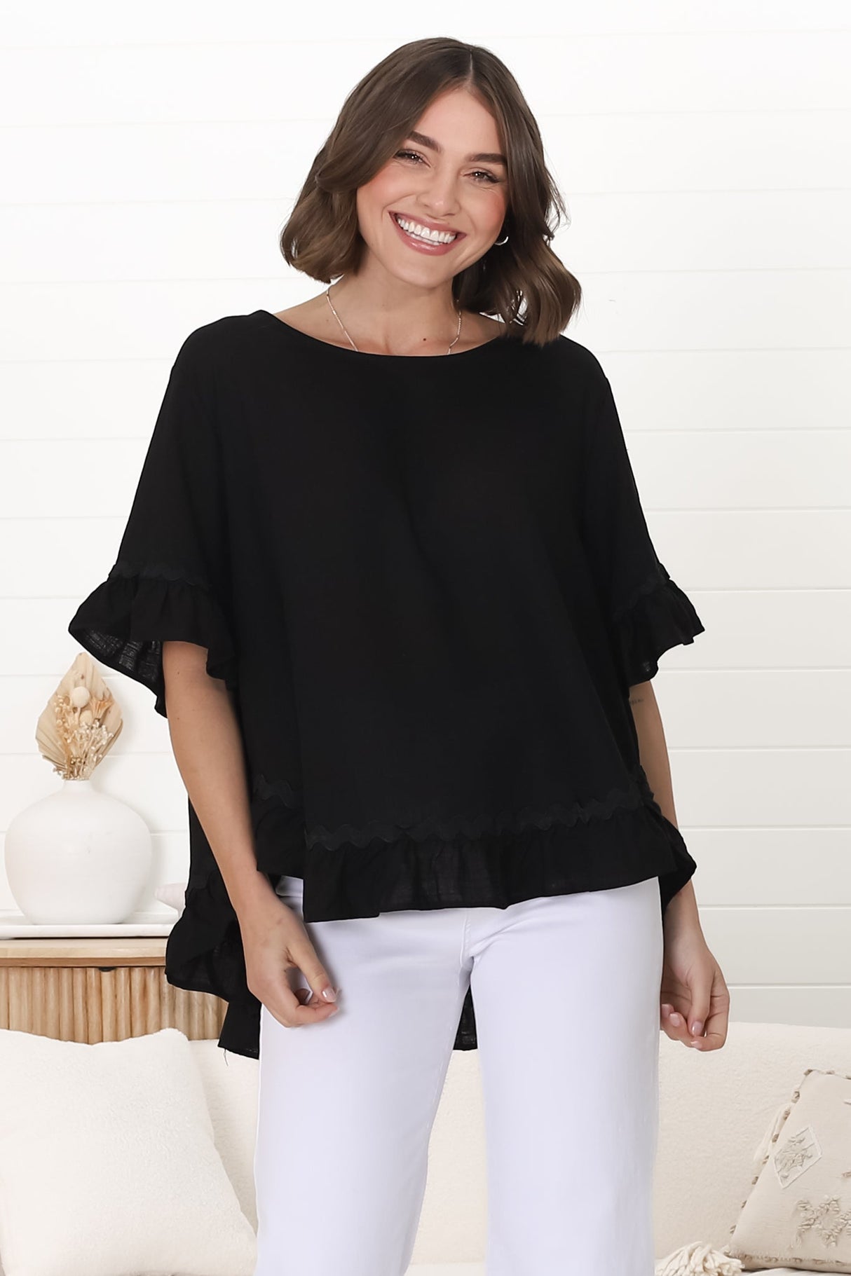 Beca Top - Rick Rack Splicing Pull Over Smock Top in Black