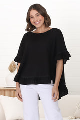 Beca Top - Rick Rack Splicing Pull Over Smock Top in Black