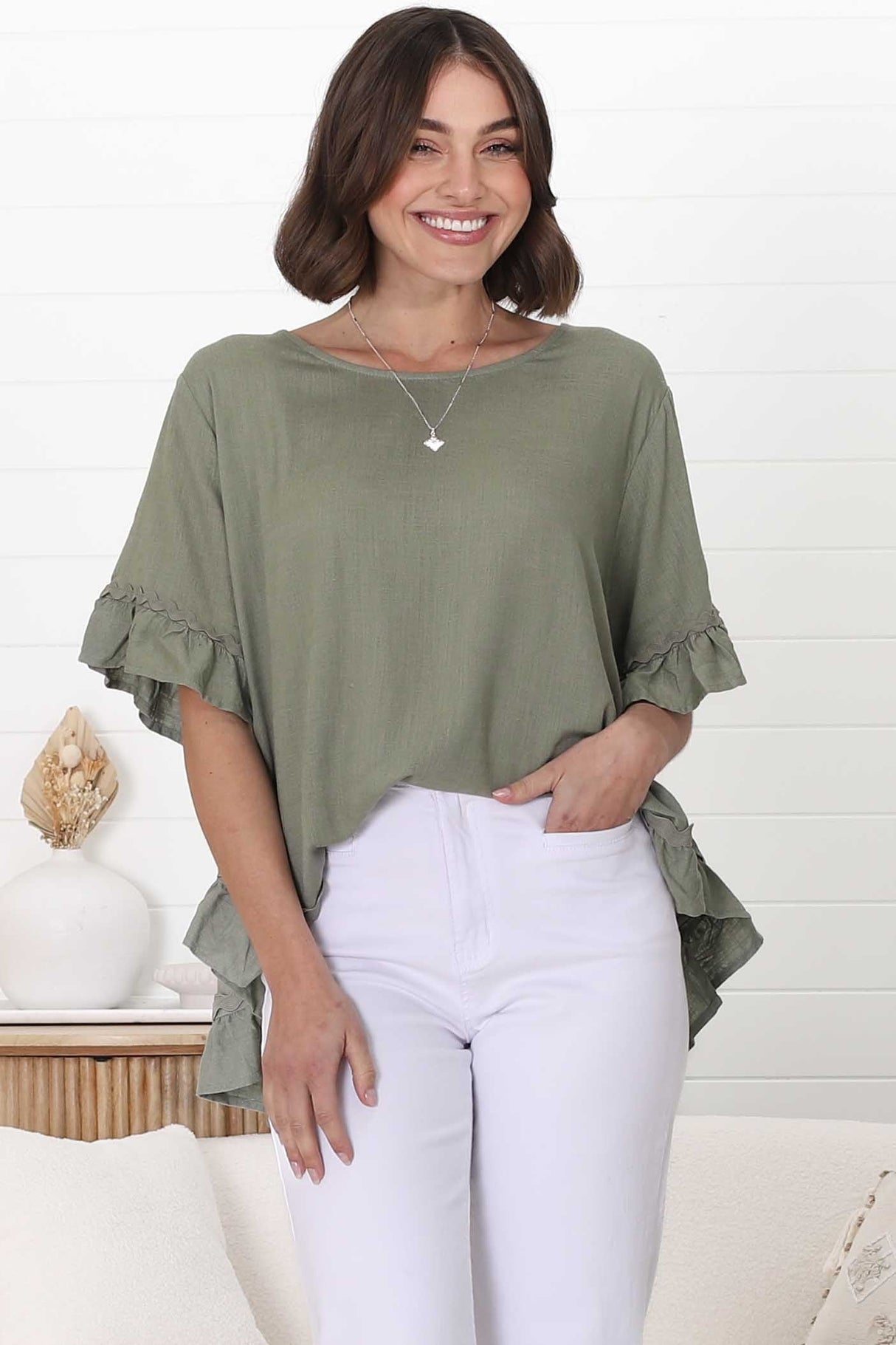 Beca Top - Rick Rack Splicing Pull Over Smock Top in Khaki