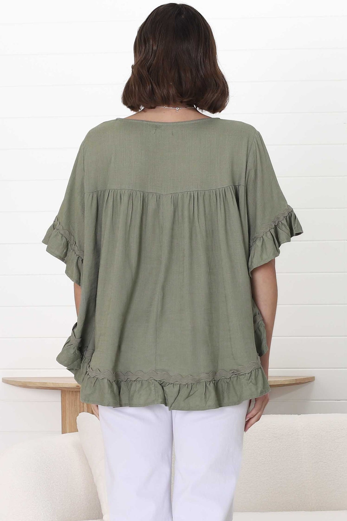 Beca Top - Rick Rack Splicing Pull Over Smock Top in Khaki