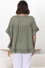 Beca Top - Rick Rack Splicing Pull Over Smock Top in Khaki