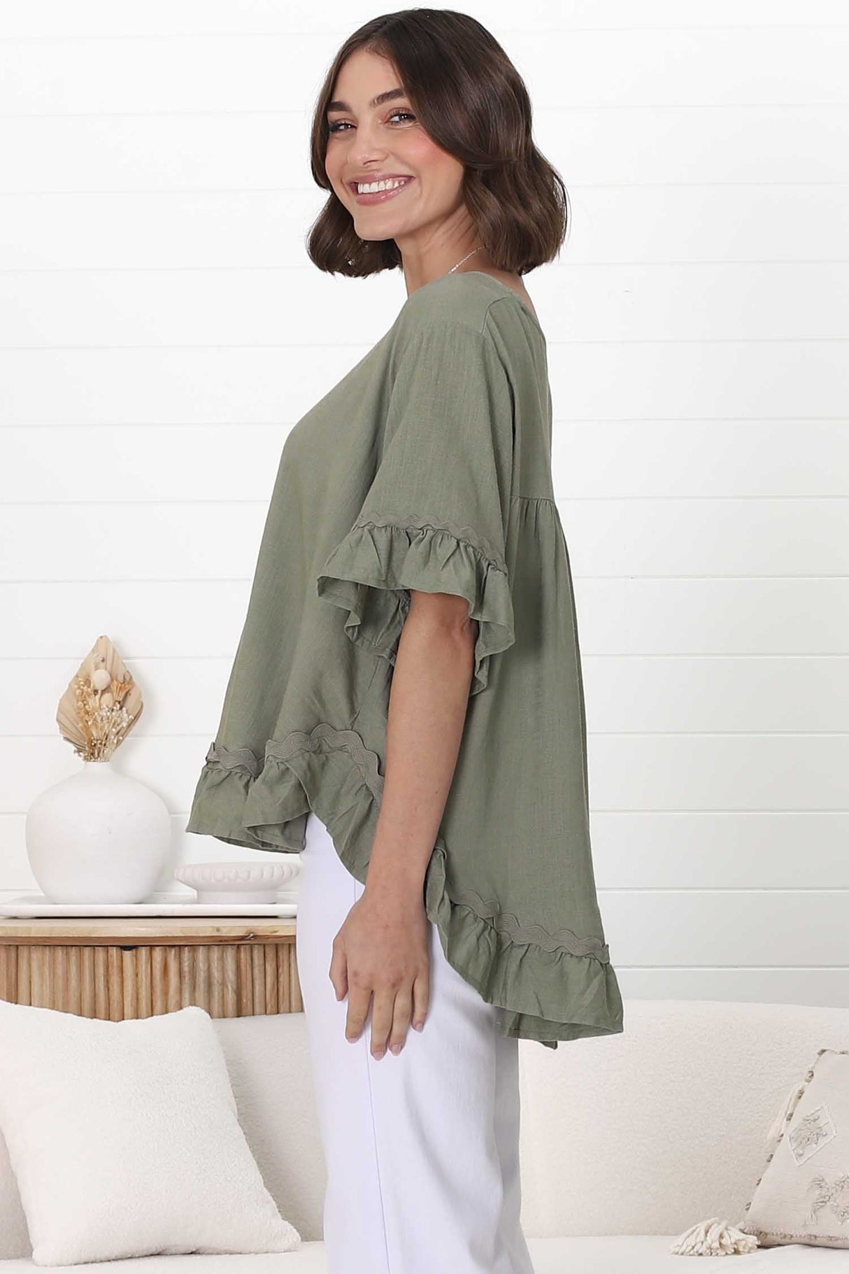 Beca Top - Rick Rack Splicing Pull Over Smock Top in Khaki