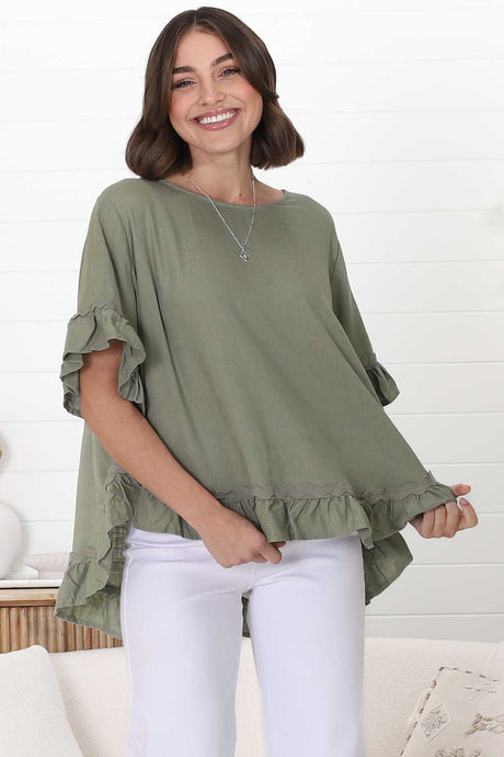 Beca Top - Rick Rack Splicing Pull Over Smock Top in Khaki