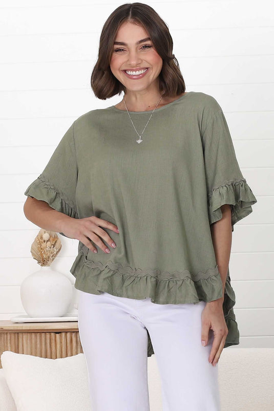 Beca Top - Rick Rack Splicing Pull Over Smock Top in Khaki