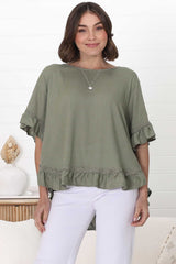 Beca Top - Rick Rack Splicing Pull Over Smock Top in Khaki