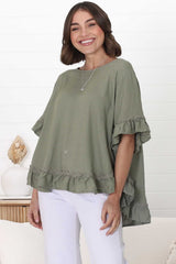 Beca Top - Rick Rack Splicing Pull Over Smock Top in Khaki