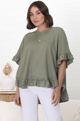 Beca Top - Rick Rack Splicing Pull Over Smock Top in Khaki