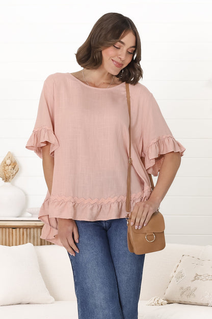 Beca Top - Rick Rack Splicing Pull Over Smock Top in Blush