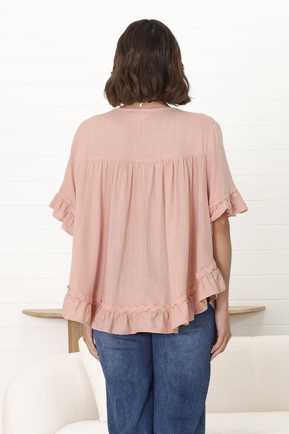 Beca Top - Rick Rack Splicing Pull Over Smock Top in Blush