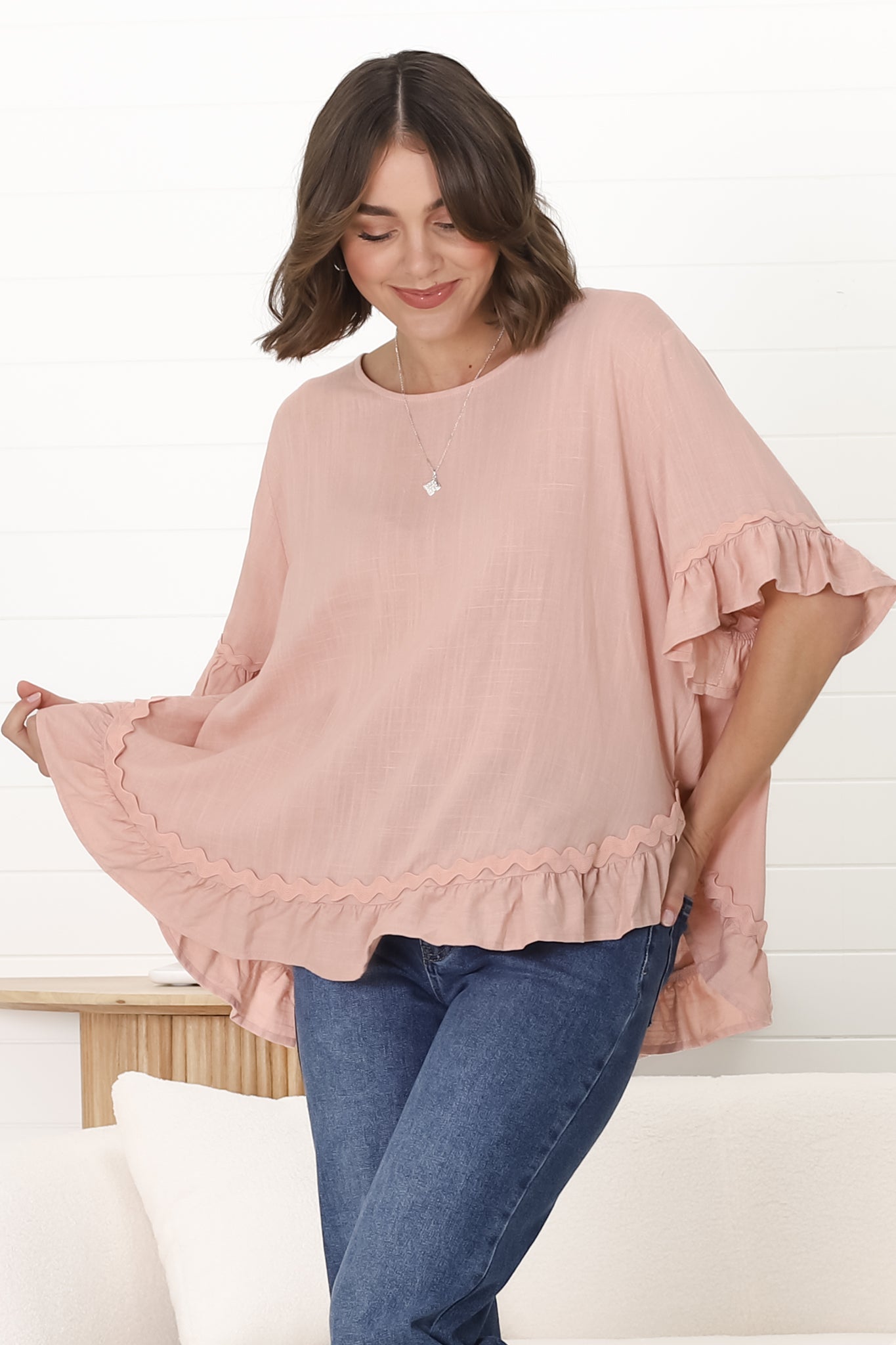 Beca Top - Rick Rack Splicing Pull Over Smock Top in Blush