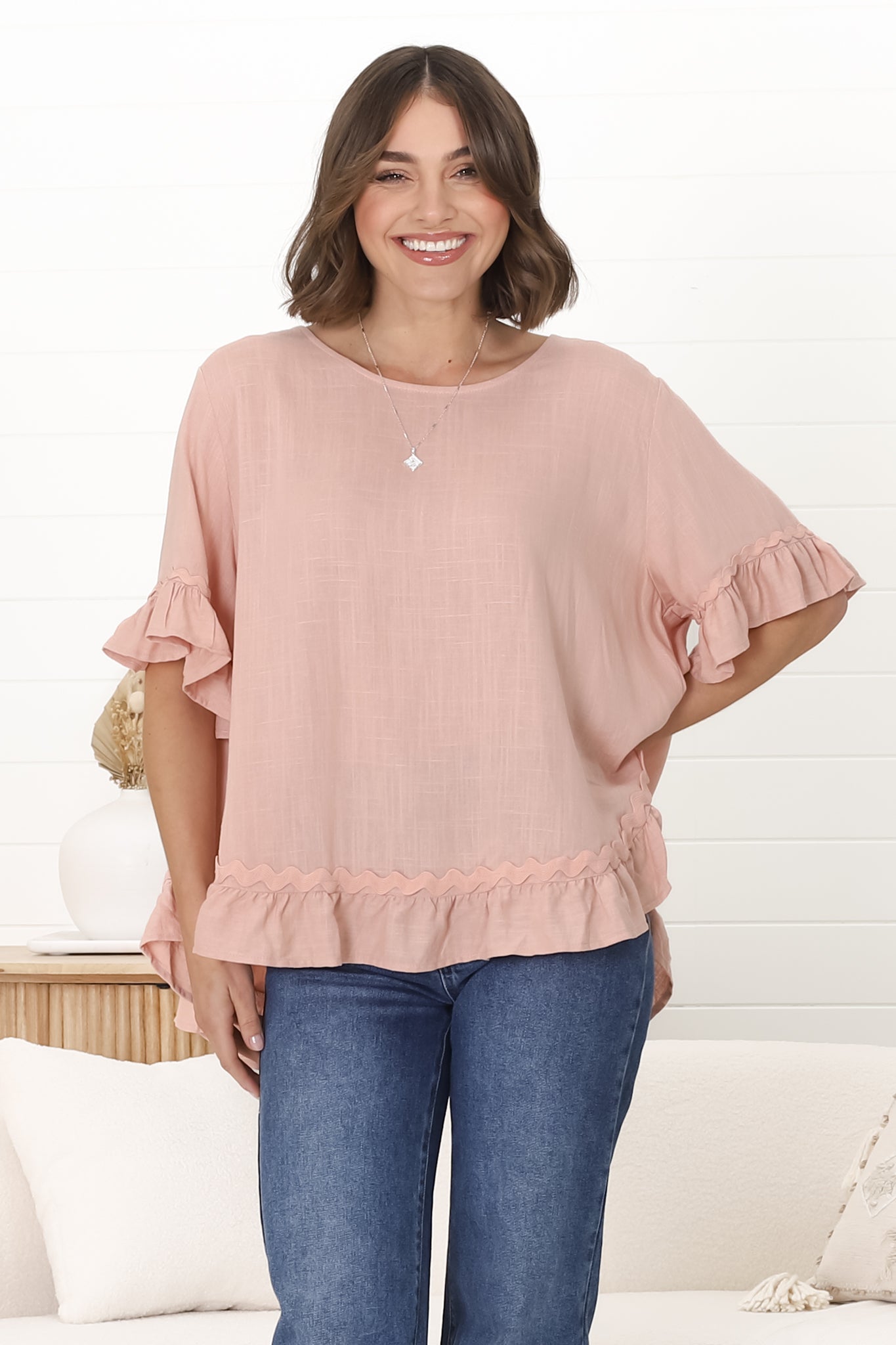 Beca Top - Rick Rack Splicing Pull Over Smock Top in Blush