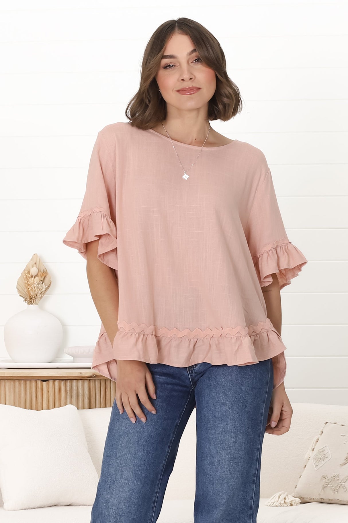 Beca Top - Rick Rack Splicing Pull Over Smock Top in Blush