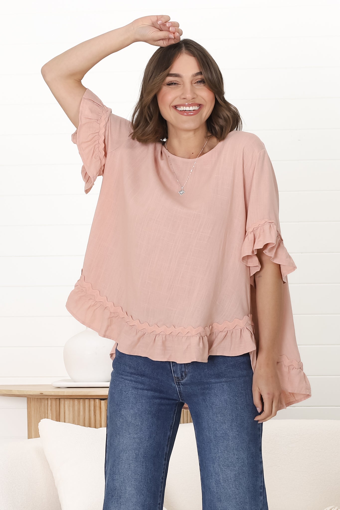 Beca Top - Rick Rack Splicing Pull Over Smock Top in Blush