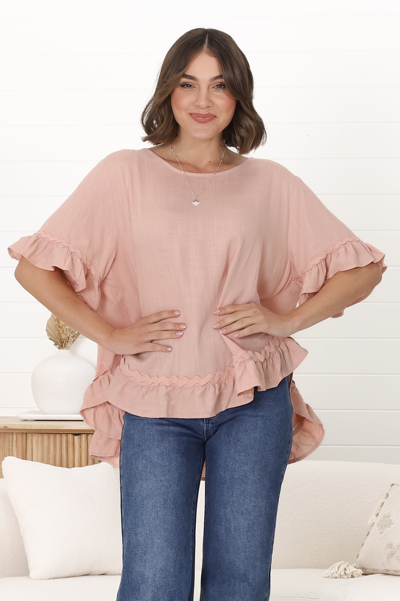 Beca Top - Rick Rack Splicing Pull Over Smock Top in Blush