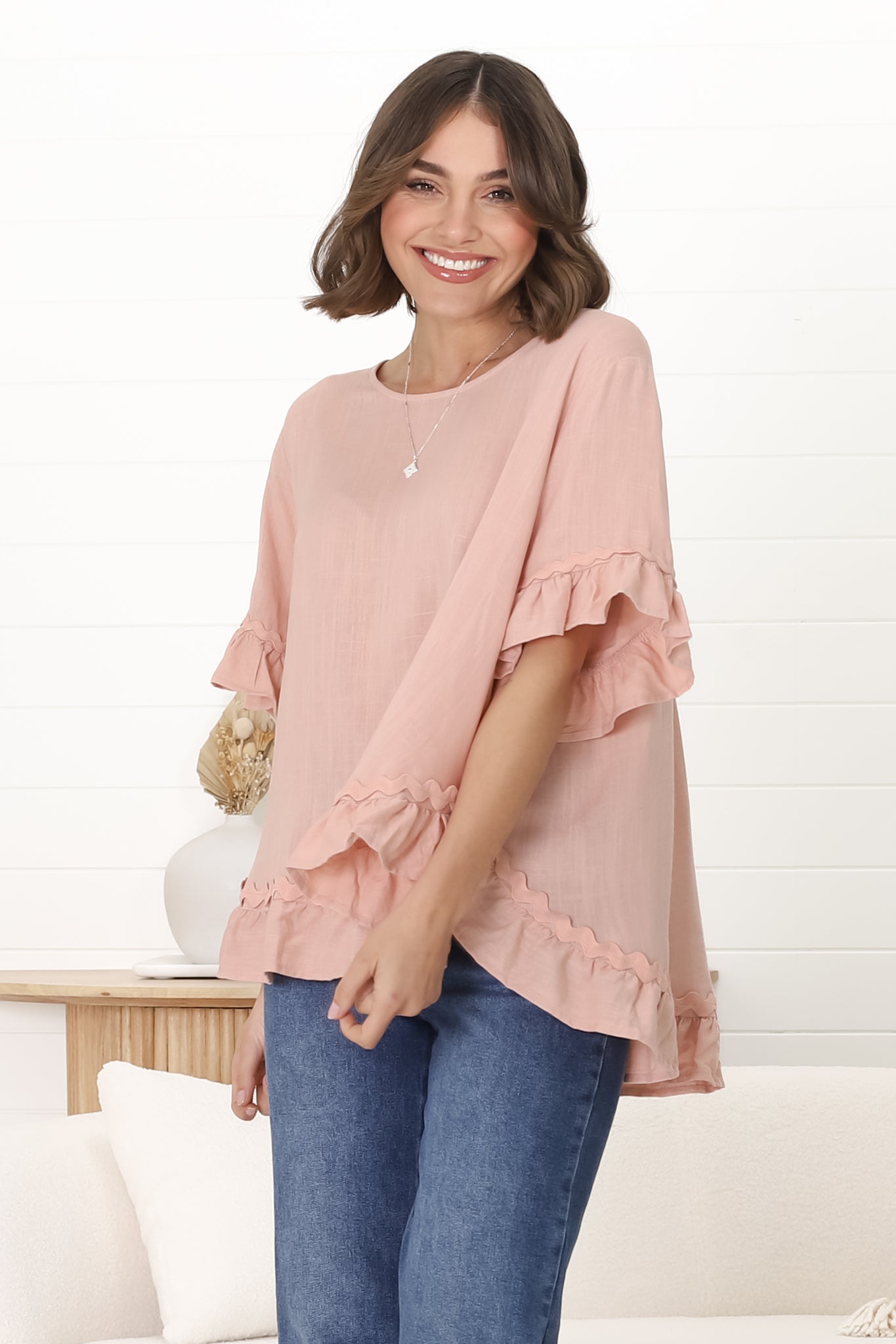 Beca Top - Rick Rack Splicing Pull Over Smock Top in Blush