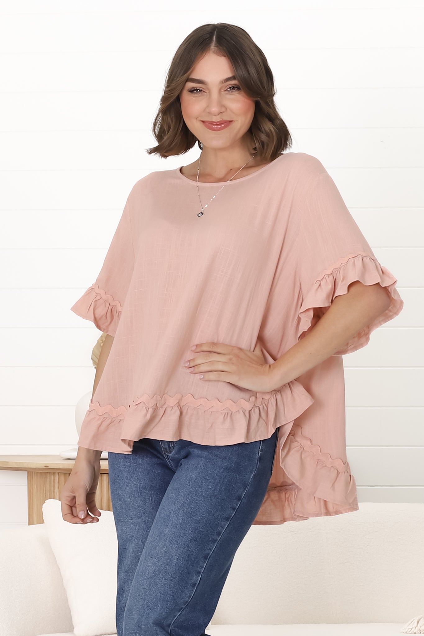 Beca Top - Rick Rack Splicing Pull Over Smock Top in Blush