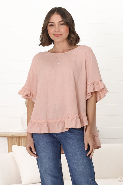 Beca Top - Rick Rack Splicing Pull Over Smock Top in Blush