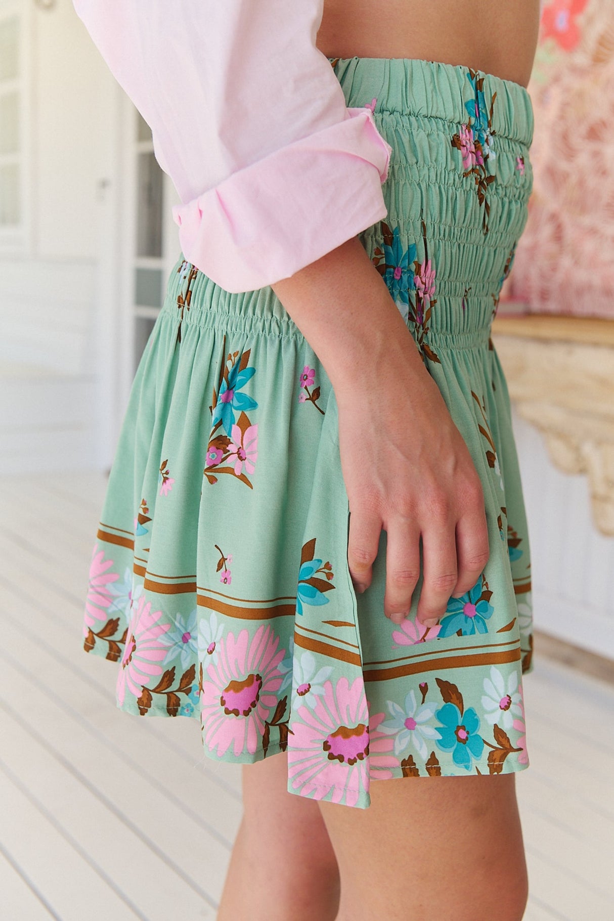 Becca Mini Skirt - Shirred High Waisted Skirt in Maribel Print