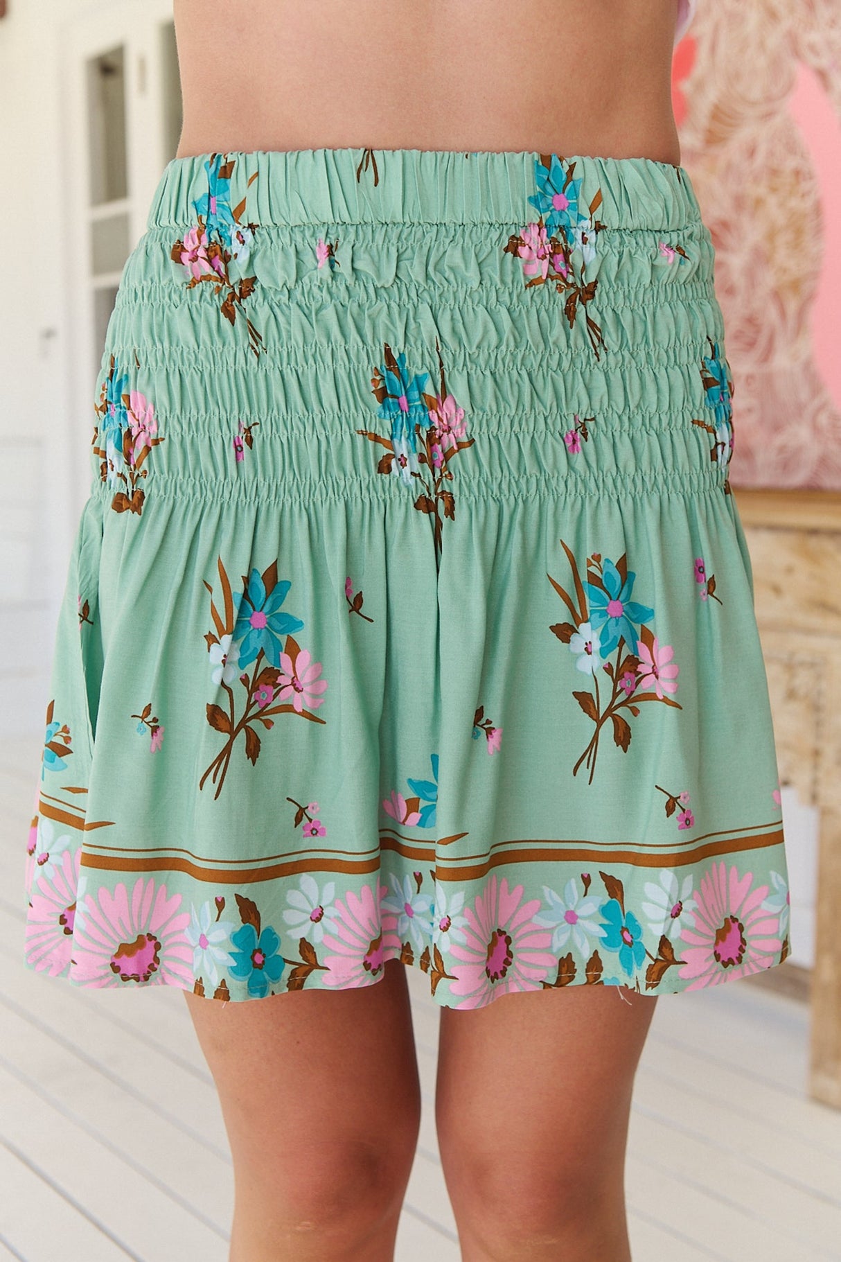 Becca Mini Skirt - Shirred High Waisted Skirt in Maribel Print