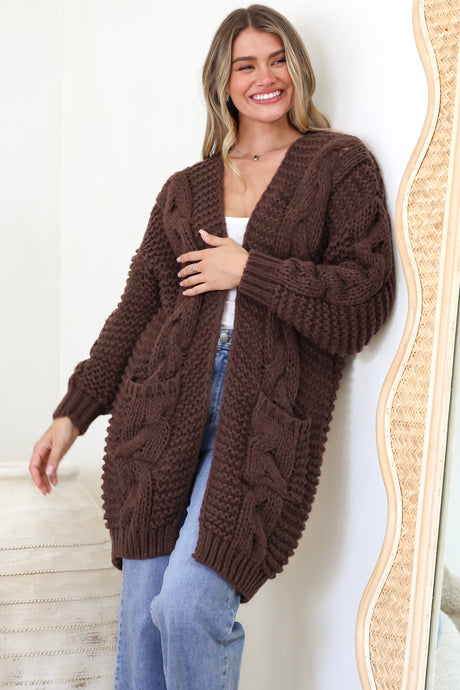 Beckett Cardigan - Open Front Chunky Cable Knit with Pockets in Chocolate